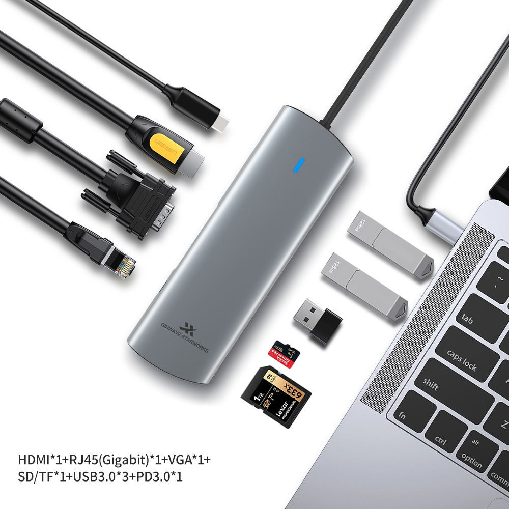 9-in-1 USB 3.0 Docking Station - 5Gbps USB2.0, RJ45, SD, TF Card, PD3.0 100W Fast Charging, Dual Display 4K30Hz, VGA