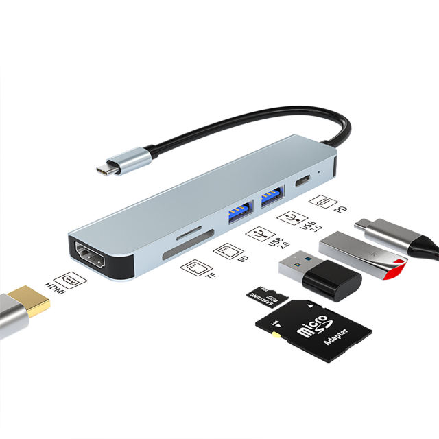 6-in-1 USB C Hub - HD-MI 4K, PD 87W, USB3.0, USB2.0, SD, TF - Stock USB C Hub for Enhanced Connectivity