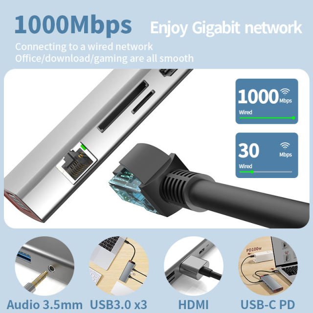12-in-1 Type-C Docking Station USB Hub - PD, USB-C, HDMI, USB3.0, SD, TF, RJ45, VGA, Audio3.5mm - Model BS12A