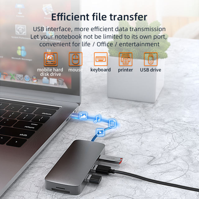 10-in-1 USB 3.0 Type-C Hub - HD-MI, USB3.0, USB2.0 x 2, SD, TF, RJ45, VGA, Audio 3.5mm, PD - High Definition Video Transfer
