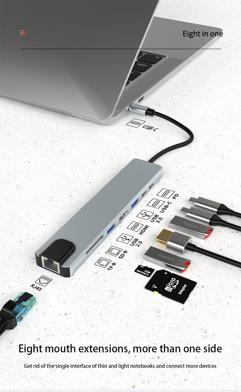 11-in-1 Type-C Hub - HD-MI, VGA, RJ45, USB3.0, USB2.0 x 3, SD, TF, Power Delivery - Multifunctional Docking Station Adapter for Laptop