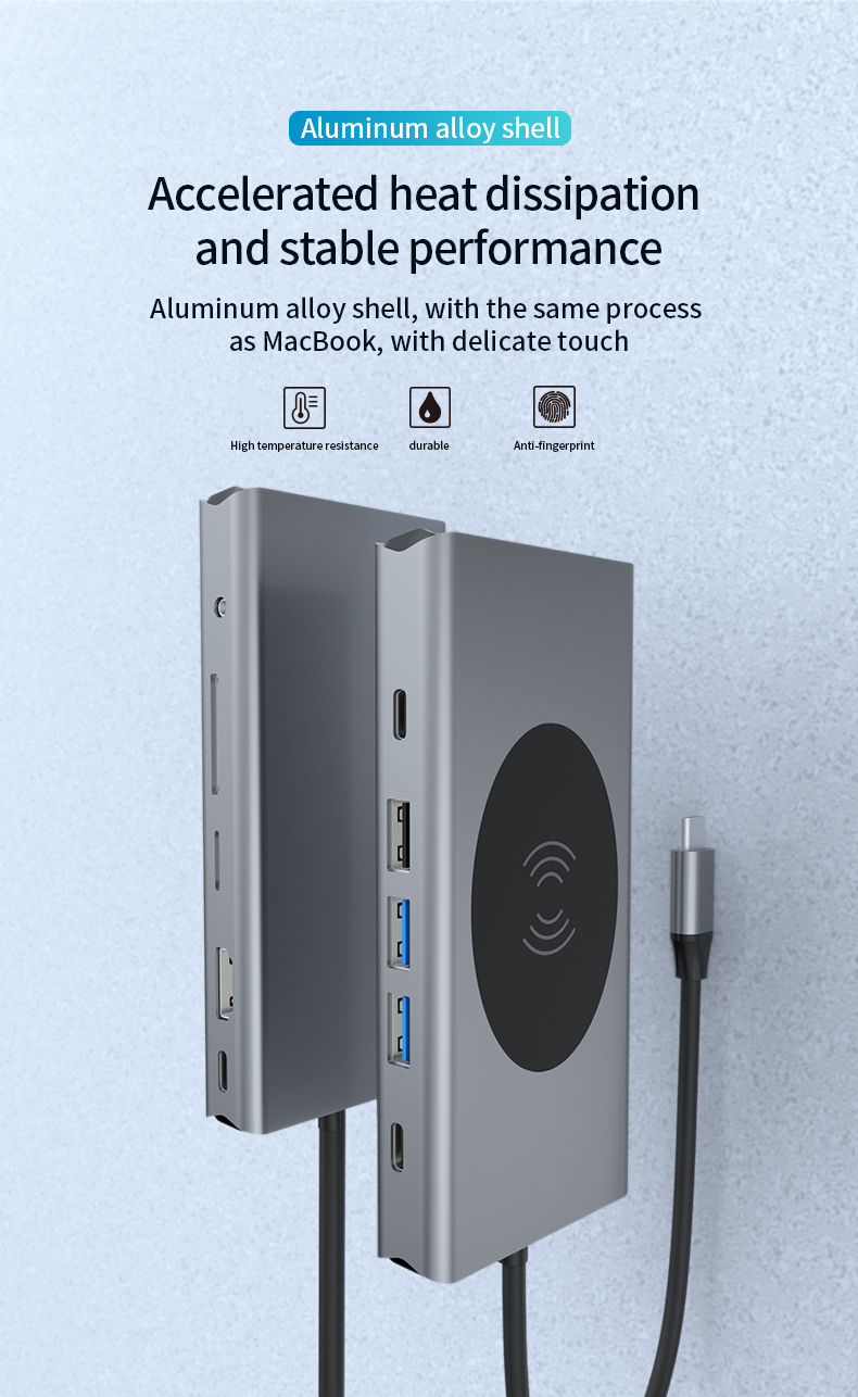 13-in-1 USB C Hub with 3.5mm Audio/Input and Output - PD, HDMI, SD, TF, VGA, RJ45, USB-C, USB, Wireless Charging 15W