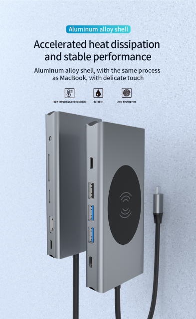 13-in-1 USB C Hub with 3.5mm Audio/Input and Output - PD, HDMI, SD, TF, VGA, RJ45, USB-C, USB, Wireless Charging 15W