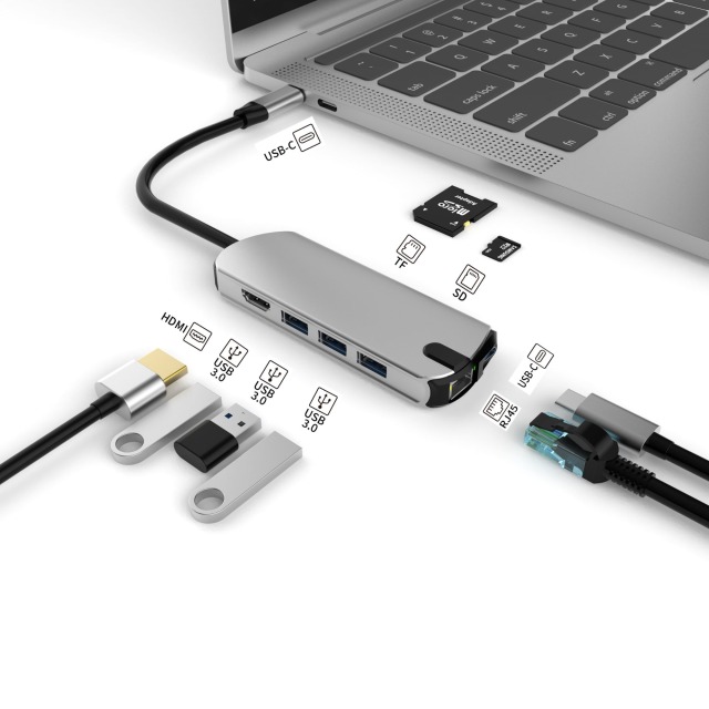 8-in-1 Port USB Hub Type C - USB 3.0, HDMI, SD, TF, RJ45, PD - Factory Private Model