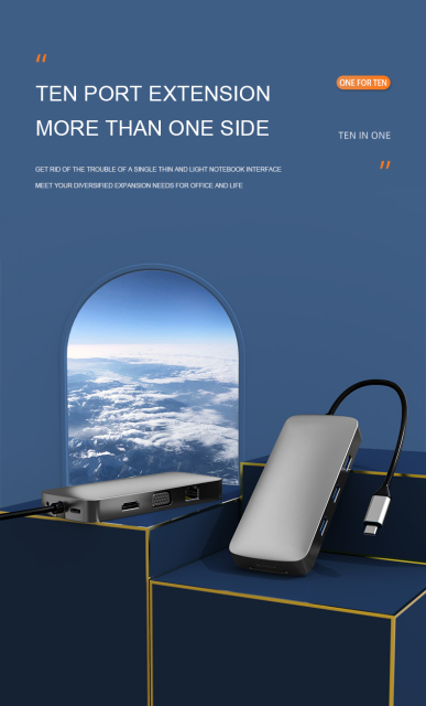 10-in-1 USB 3.0 Type-C Hub - HD-MI, USB3.0, USB2.0 x 2, SD, TF, RJ45, VGA, Audio 3.5mm, PD - High Definition Video Transfer