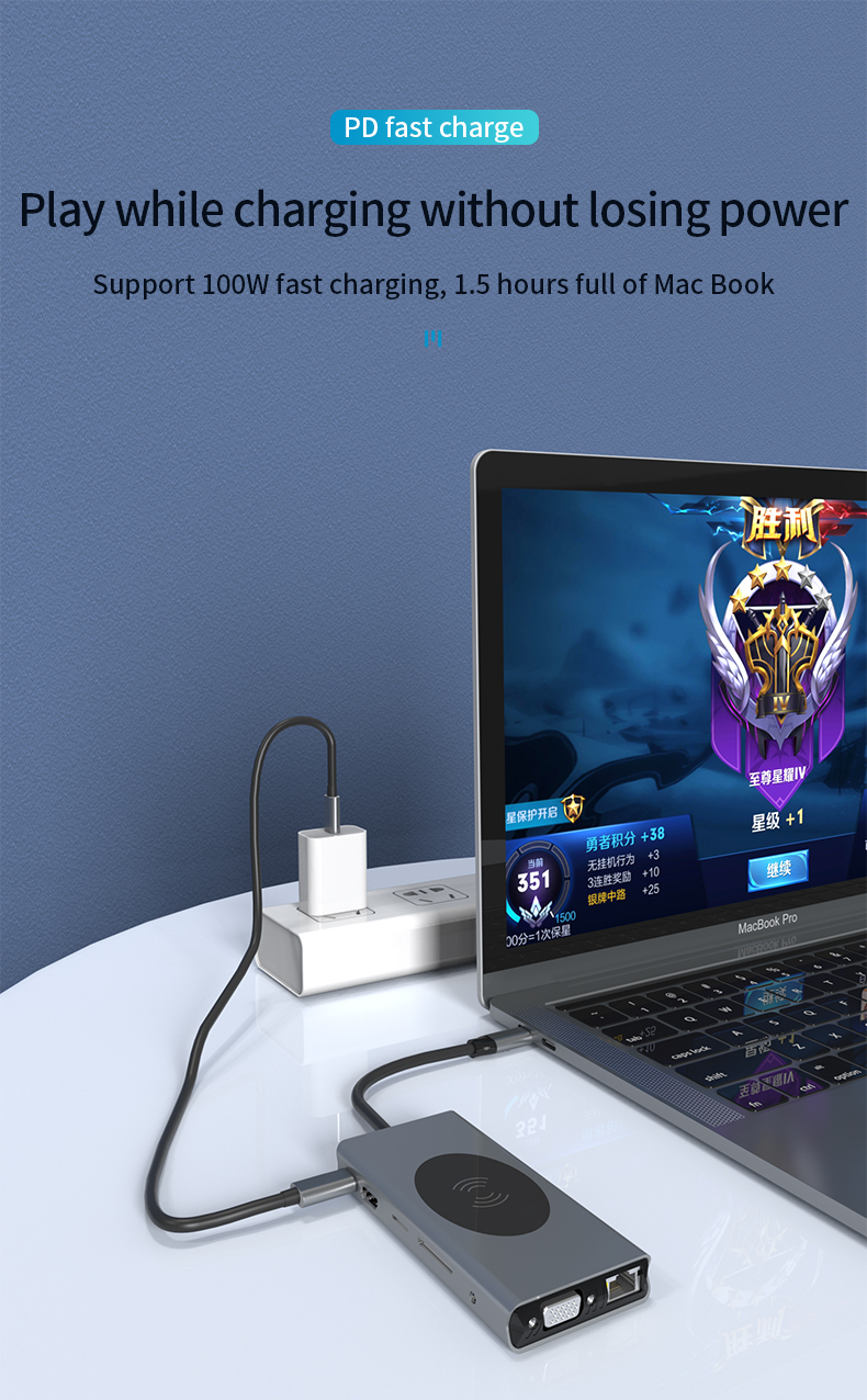 13-in-1 USB C Hub with 3.5mm Audio/Input and Output - PD, HDMI, SD, TF, VGA, RJ45, USB-C, USB, Wireless Charging 15W