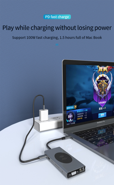 13-in-1 USB C Hub with 3.5mm Audio/Input and Output - PD, HDMI, SD, TF, VGA, RJ45, USB-C, USB, Wireless Charging 15W
