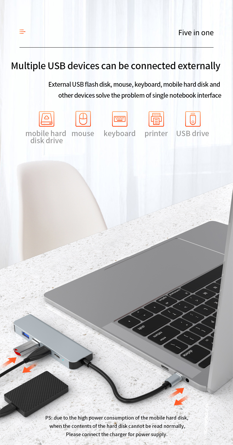 5-in-1 Portable USB Hub 3.0 - Type-C to HD-MI 4K, PD 87W, USB3.0, USB2.0 x 2