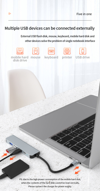 5-in-1 Portable USB Hub 3.0 - Type-C to HD-MI 4K, PD 87W, USB3.0, USB2.0 x 2