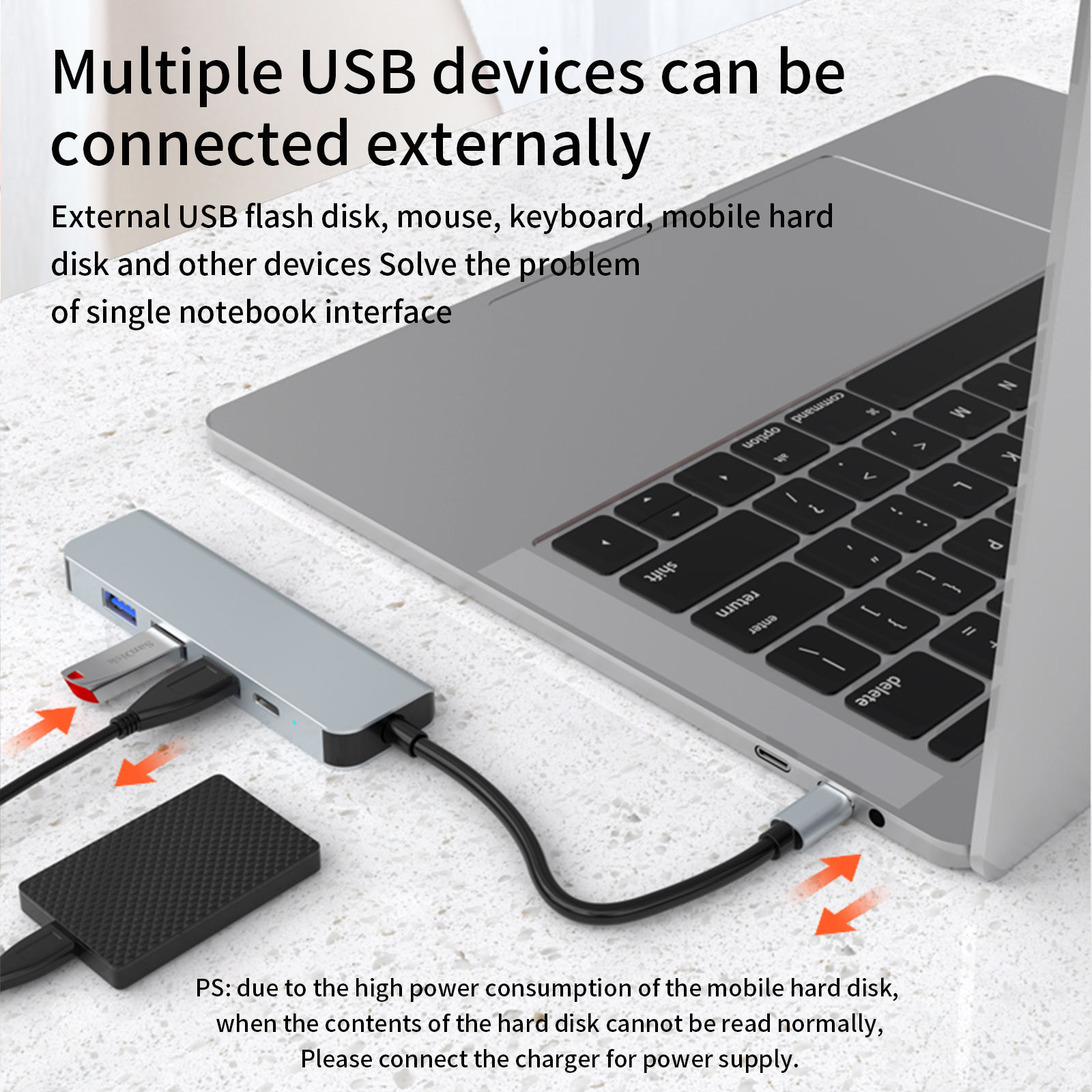 5-in-1 Portable USB Hub 3.0 - Type-C to HD-MI 4K, PD 87W, USB3.0, USB2.0 x 2