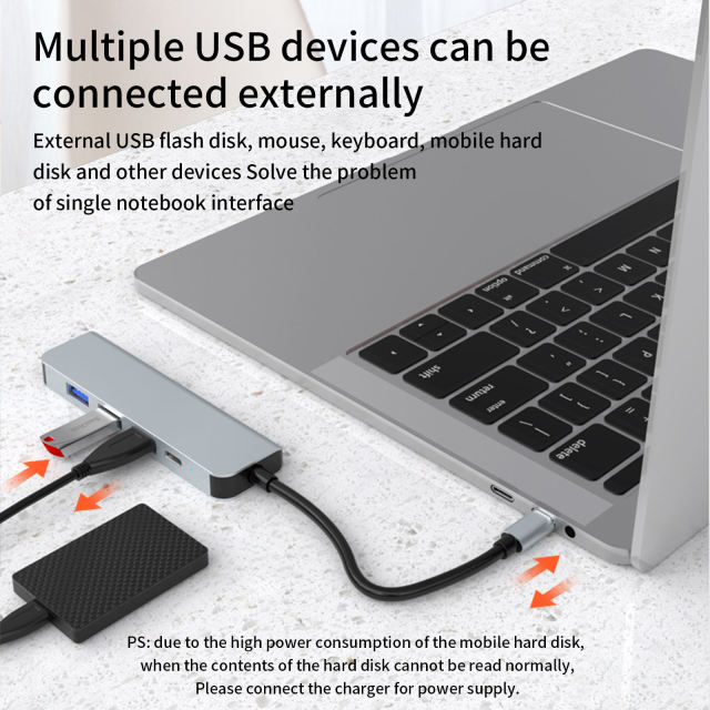 5-in-1 Portable USB Hub 3.0 - Type-C to HD-MI 4K, PD 87W, USB3.0, USB2.0 x 2