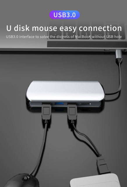8-in-1 Port USB Hub Type C - USB 3.0, HDMI, SD, TF, RJ45, PD - Factory Private Model