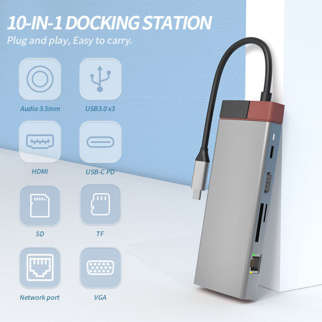 12-in-1 Type-C Docking Station USB Hub - PD, USB-C, HDMI, USB3.0, SD, TF, RJ45, VGA, Audio3.5mm - Model BS12A