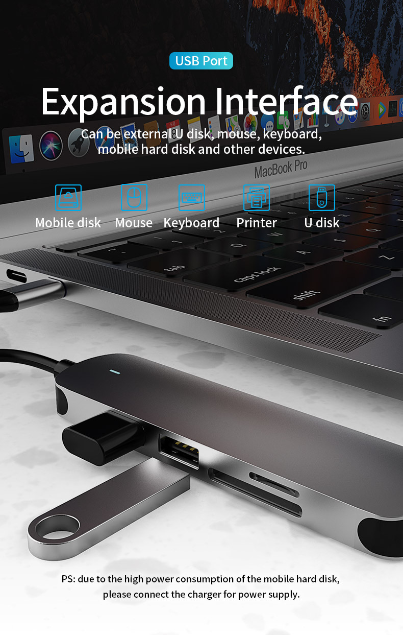 5-in-1 USB Type-C Hub Adapter HD-MI USB3.0 USB2.0 SD TF ABS Aluminum Alloy