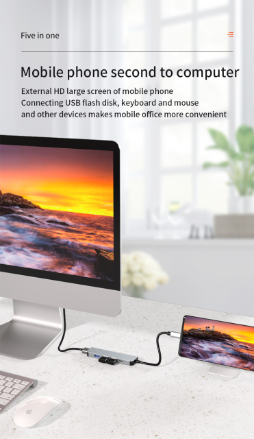 5-in-1 Portable USB Hub 3.0 - Type-C to HD-MI 4K, PD 87W, USB3.0, USB2.0 x 2