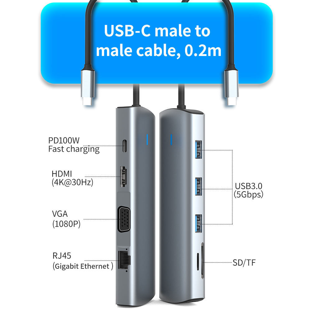 9-in-1 USB 3.0 Docking Station - 5Gbps USB2.0, RJ45, SD, TF Card, PD3.0 100W Fast Charging, Dual Display 4K30Hz, VGA