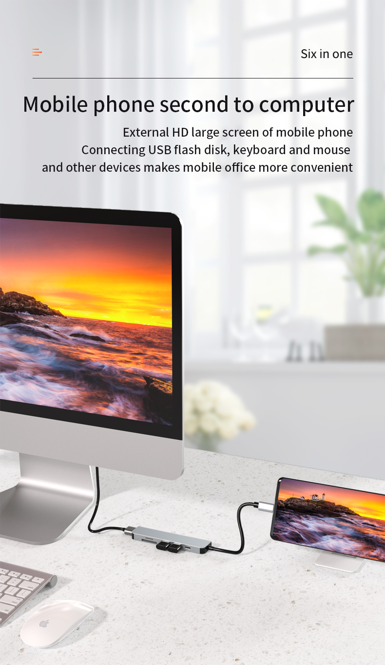 6-in-1 USB C Hub - HD-MI 4K, PD 87W, USB3.0, USB2.0, SD, TF - Stock USB C Hub for Enhanced Connectivity
