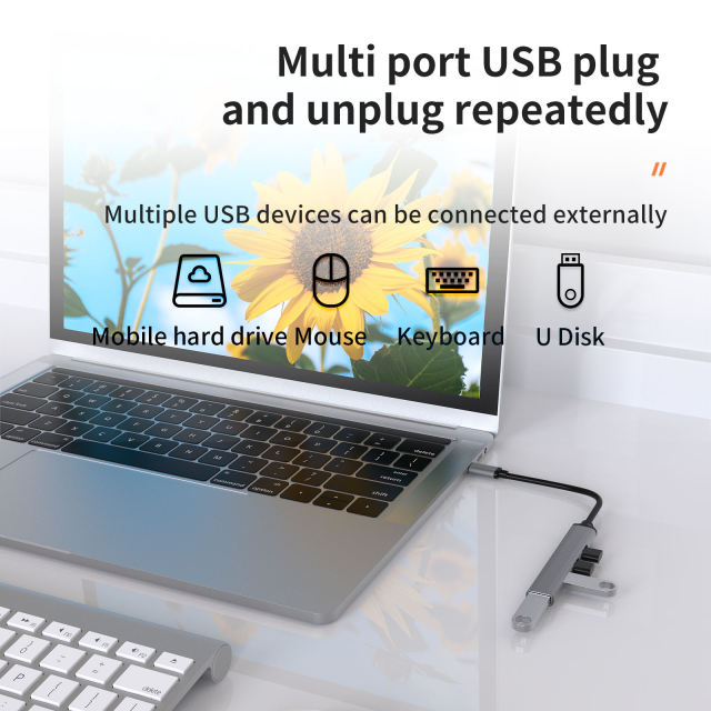 4-in-1 USB Type C Hub Adapter Docking Station Type C to USB3.0 x 3 - Gray USB Hub