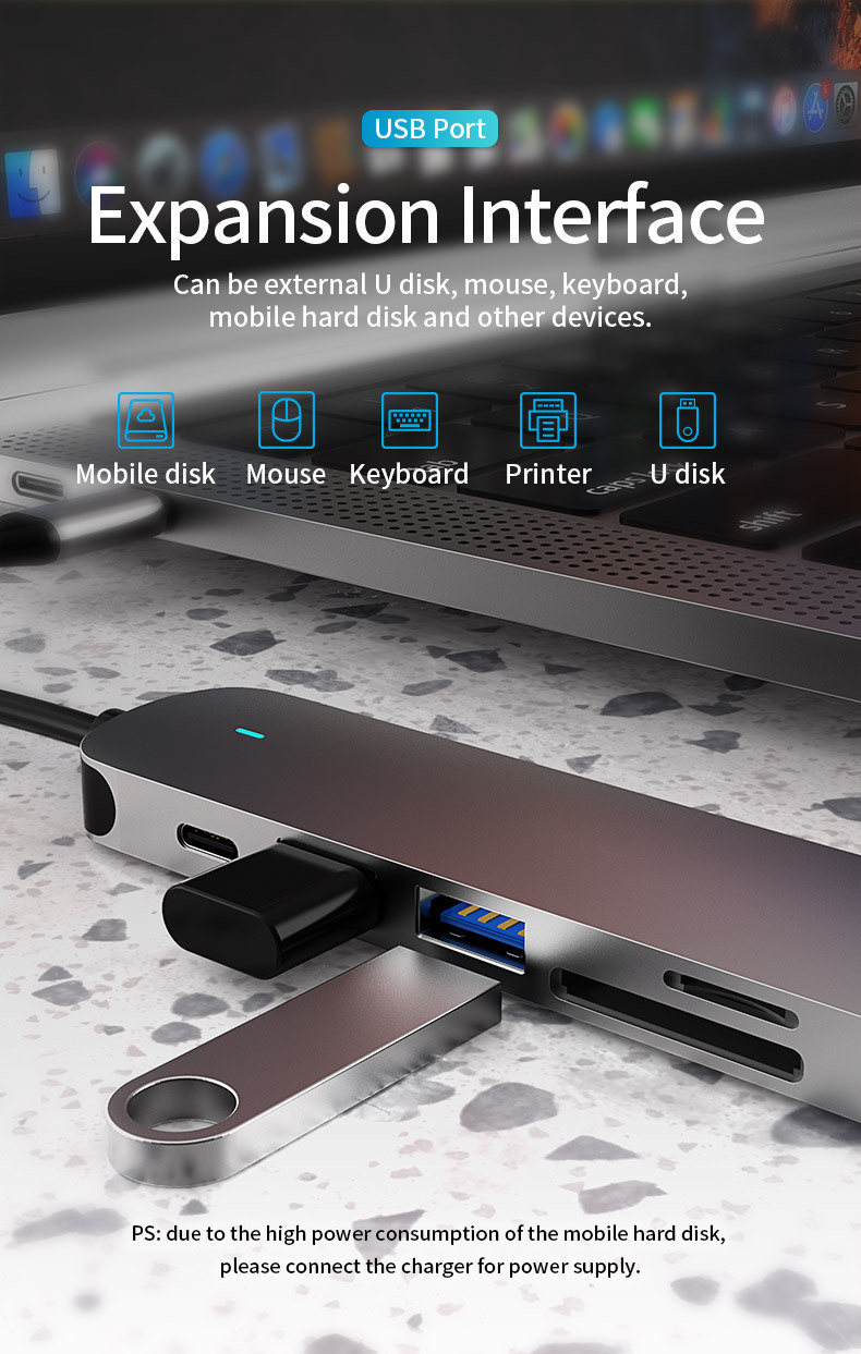 6-in-1 USB Fast Charge 3.0 Hub - PD, HDMI, USB 3.0, USB 2.0, SD, TF - Factory Private Model USB Type C Hub