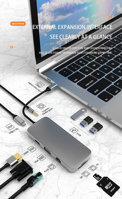 10-in-1 USB 3.0 Type-C Hub - HD-MI, USB3.0, USB2.0 x 2, SD, TF, RJ45, VGA, Audio 3.5mm, PD - High Definition Video Transfer