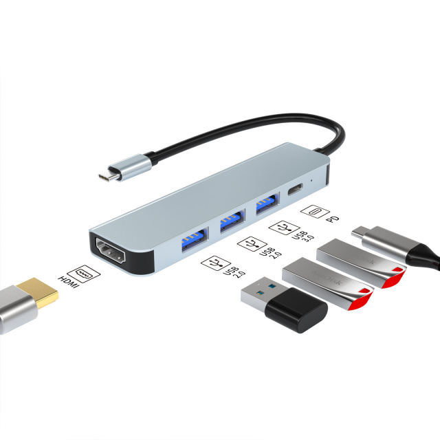 5-in-1 Portable USB Hub 3.0 - Type-C to HD-MI 4K, PD 87W, USB3.0, USB2.0 x 2