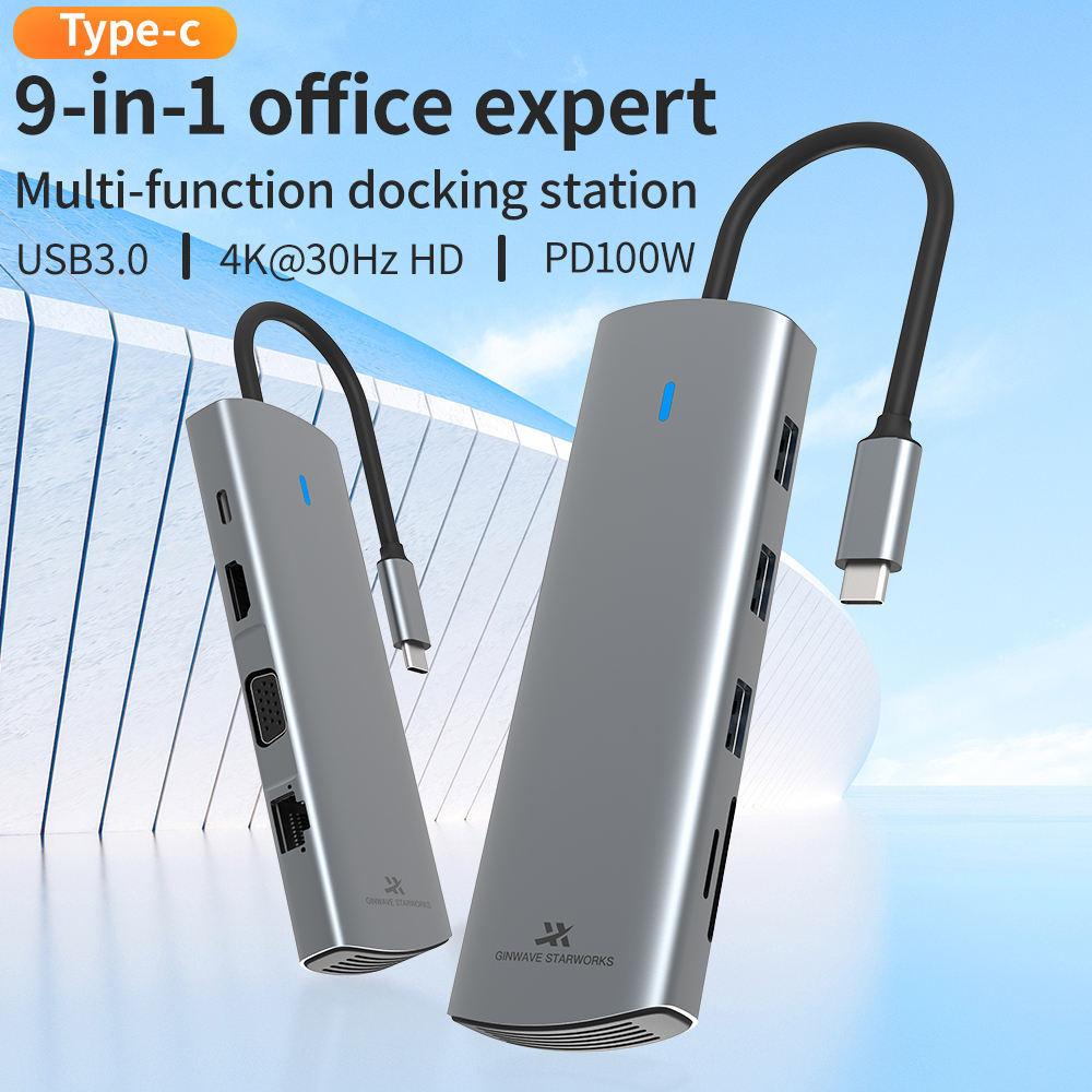 9-in-1 USB 3.0 Docking Station - 5Gbps USB2.0, RJ45, SD, TF Card, PD3.0 100W Fast Charging, Dual Display 4K30Hz, VGA