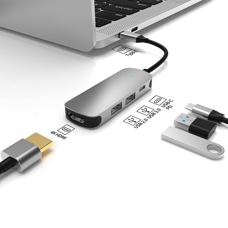 4-in-1 USB Hub Type-C to HD-MI, USB3.0, USB2.0, PD 60W Popular and Efficient USB Hub Charger Pravite Label Facotry Price