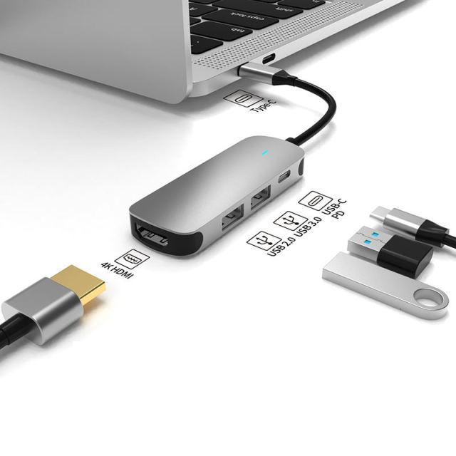 4-in-1 USB Hub Type-C to HD-MI, USB3.0, USB2.0, PD 60W Popular and Efficient USB Hub Charger Pravite Label Facotry Price