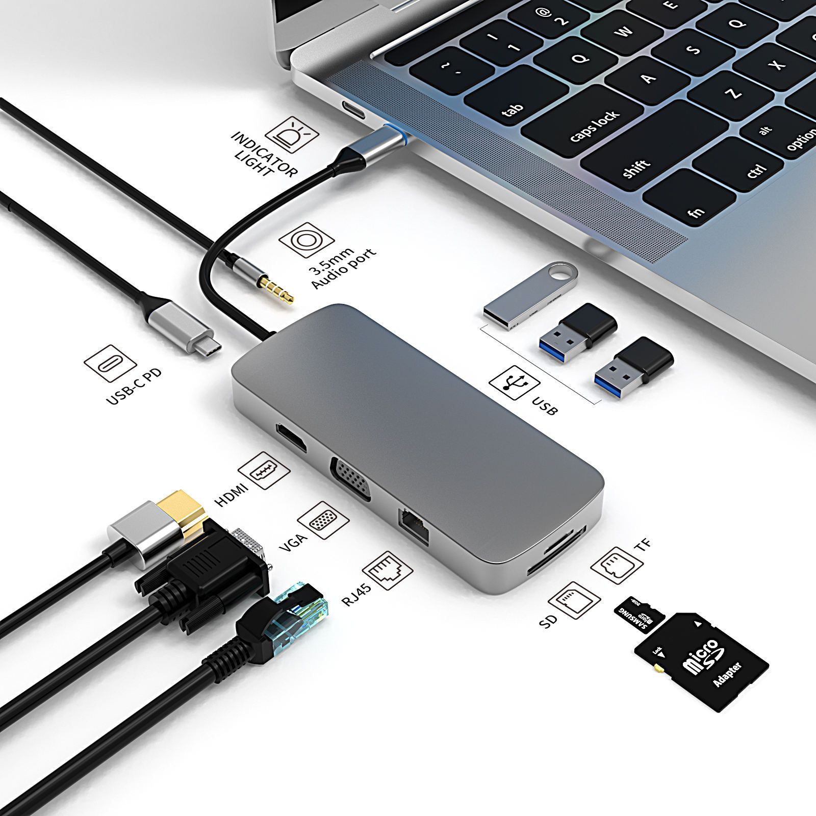 10-in-1 USB 3.0 Type-C Hub - HD-MI, USB3.0, USB2.0 x 2, SD, TF, RJ45, VGA, Audio 3.5mm, PD - High Definition Video Transfer