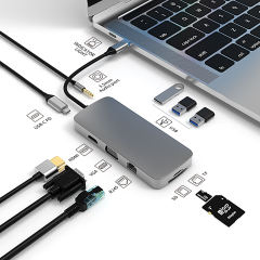10-in-1 USB 3.0 Type-C Hub - HD-MI, USB3.0, USB2.0 x 2, SD, TF, RJ45, VGA, Audio 3.5mm, PD - High Definition Video Transfer