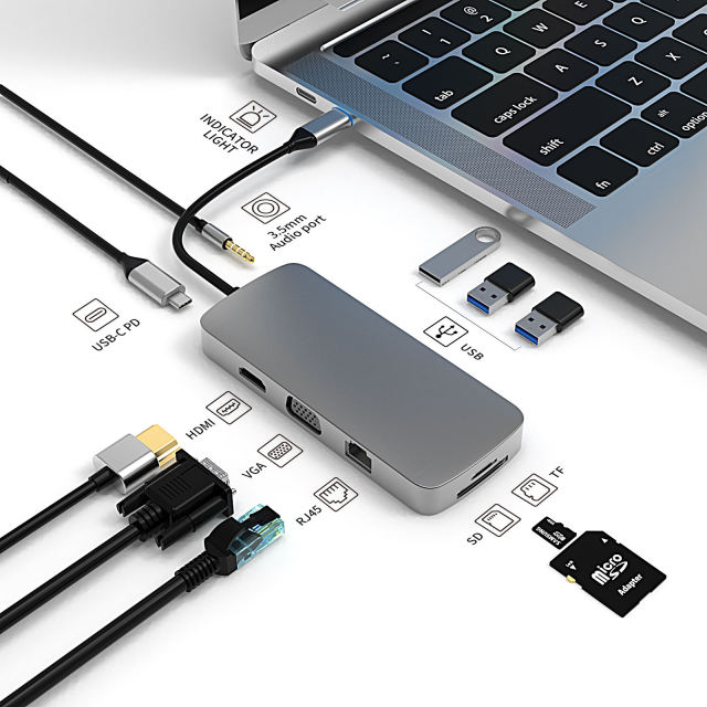 10-in-1 USB 3.0 Type-C Hub - HD-MI, USB3.0, USB2.0 x 2, SD, TF, RJ45, VGA, Audio 3.5mm, PD - High Definition Video Transfer