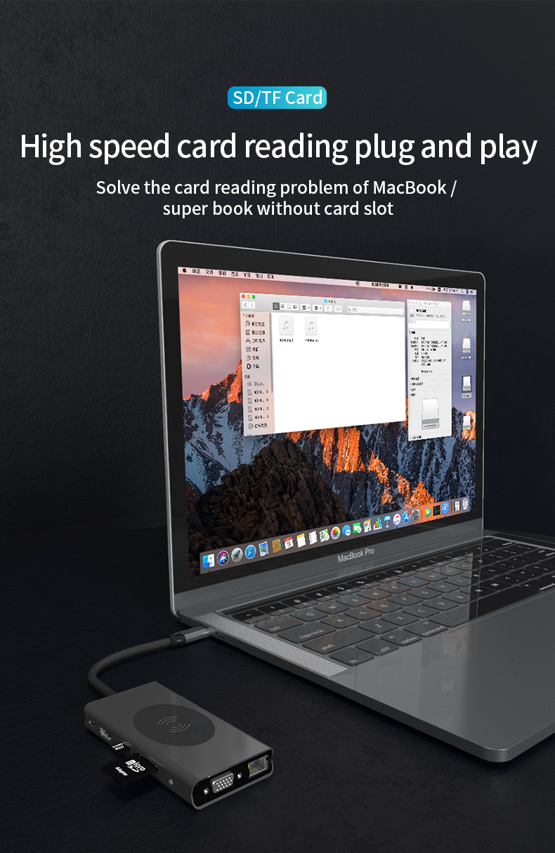 13-in-1 USB C Hub with 3.5mm Audio/Input and Output - PD, HDMI, SD, TF, VGA, RJ45, USB-C, USB, Wireless Charging 15W