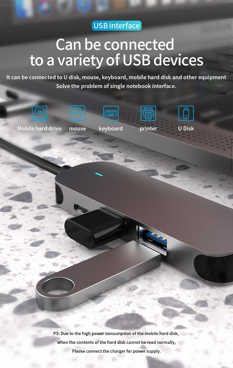 4-in-1 USB Hub Type-C to HD-MI, USB3.0, USB2.0, PD 60W Popular and Efficient USB Hub Charger Pravite Label Facotry Price