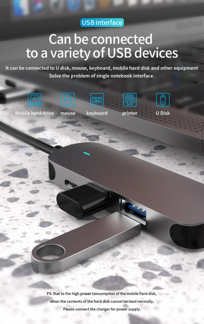 4-in-1 USB Hub Type-C to HD-MI, USB3.0, USB2.0, PD 60W Popular and Efficient USB Hub Charger Pravite Label Facotry Price