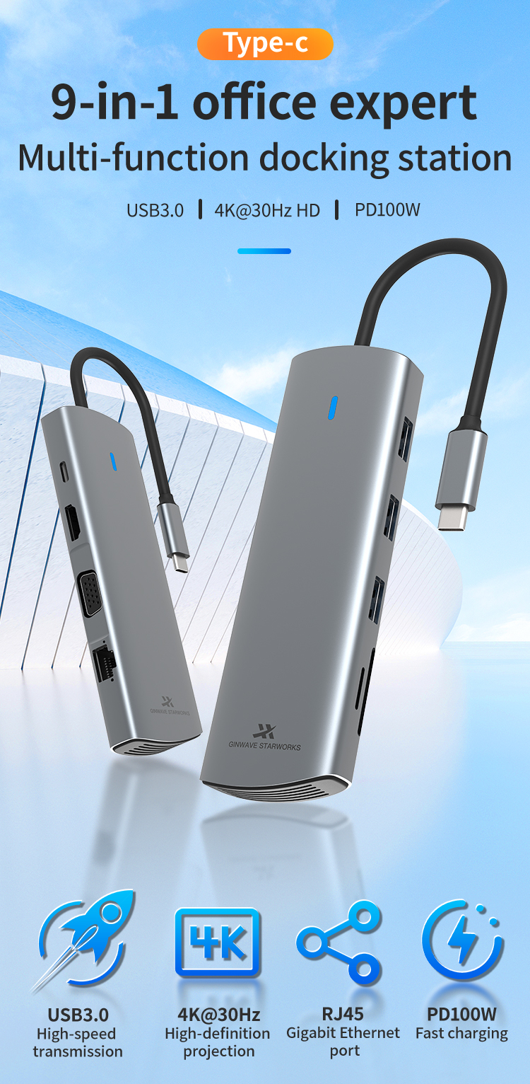 9-in-1 USB 3.0 Docking Station - 5Gbps USB2.0, RJ45, SD, TF Card, PD3.0 100W Fast Charging, Dual Display 4K30Hz, VGA
