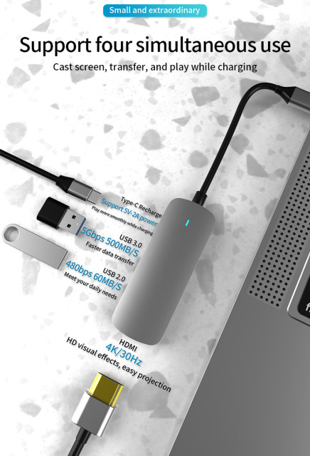 4-in-1 USB Hub Type-C to HD-MI, USB3.0, USB2.0, PD 60W Popular and Efficient USB Hub Charger Pravite Label Facotry Price