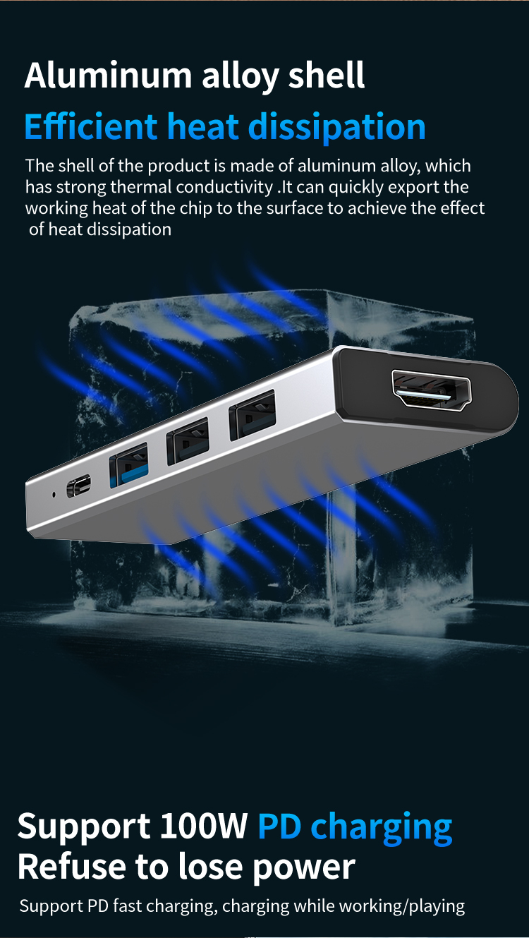 5-in-1 Type-C USB3.0 USB2.0 5Gbps PD3.0 PD100W HD 4K30Hz Laptop USB-C Docking Station