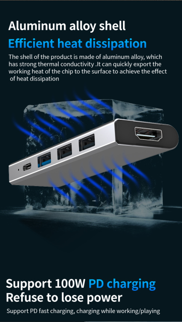 5-in-1 Type-C USB3.0 USB2.0 5Gbps PD3.0 PD100W HD 4K30Hz Laptop USB-C Docking Station