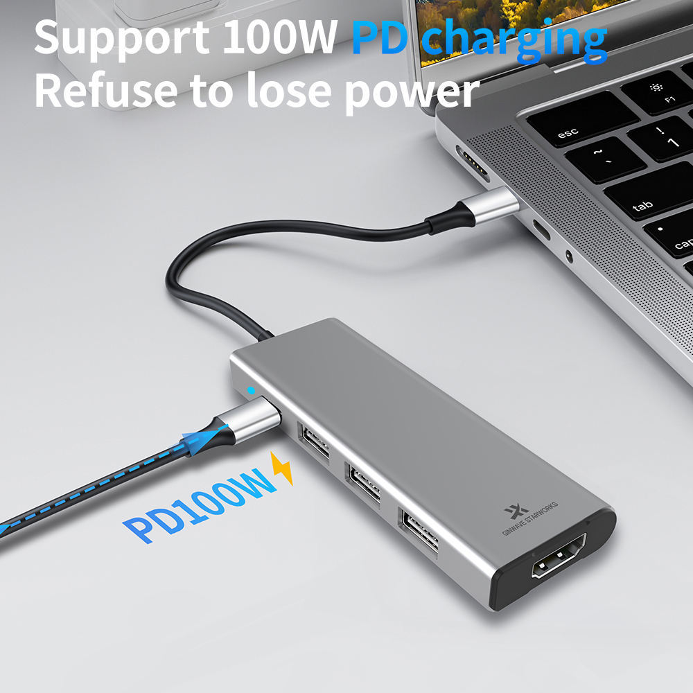 5-in-1 Type-C USB3.0 USB2.0 5Gbps PD3.0 PD100W HD 4K30Hz Laptop USB-C Docking Station