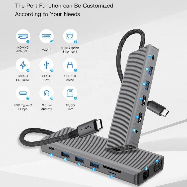 14-in-1 Multifunction Type-C USB Adapter - HDMI, VGA, USB-C Hub - For MacBook Charging and Data Transfer