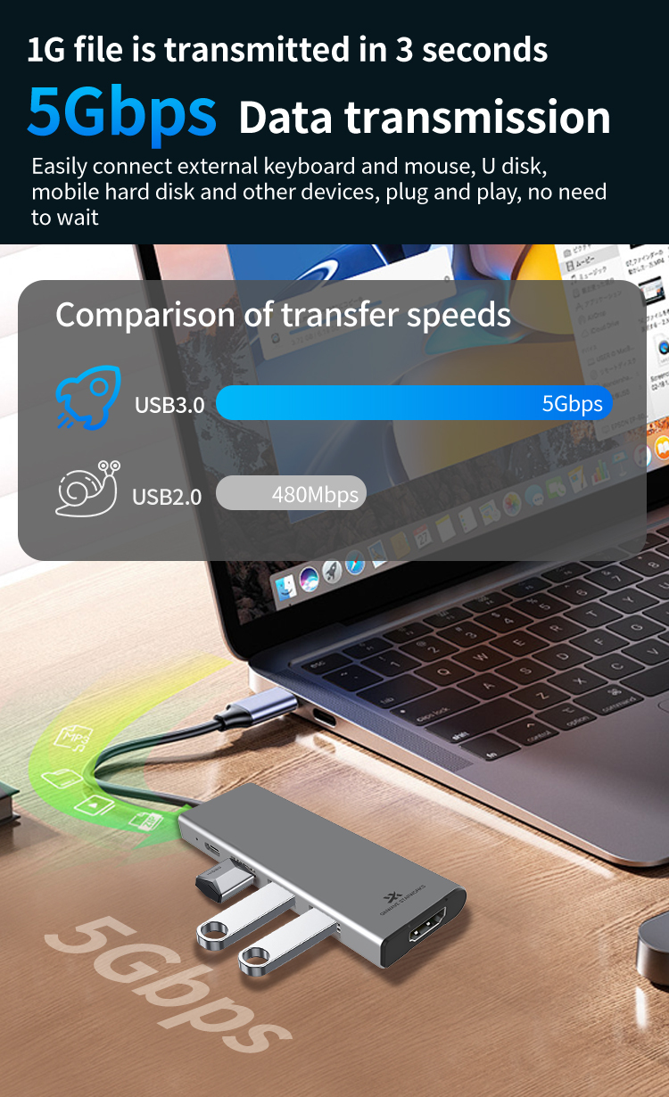 5-in-1 Type-C USB3.0 USB2.0 5Gbps PD3.0 PD100W HD 4K30Hz Laptop USB-C Docking Station