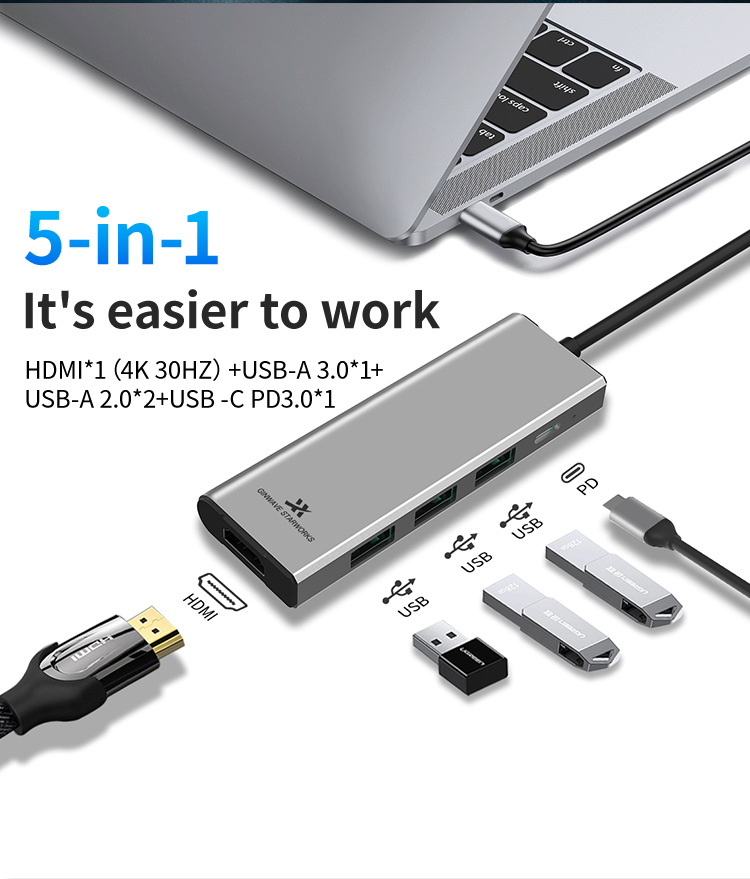 5-in-1 Type-C USB3.0 USB2.0 5Gbps PD3.0 PD100W HD 4K30Hz Laptop USB-C Docking Station