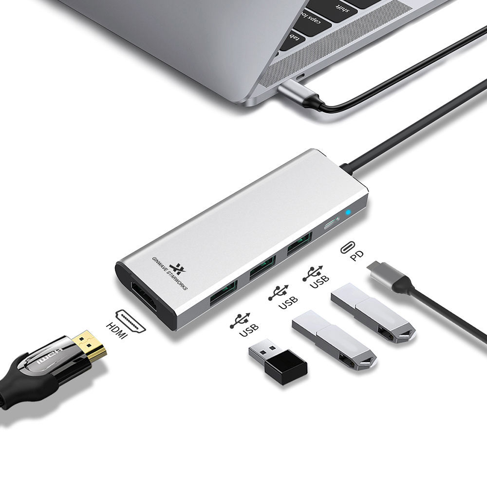 5-in-1 Type-C USB3.0 USB2.0 5Gbps PD3.0 PD100W HD 4K30Hz Laptop USB-C Docking Station