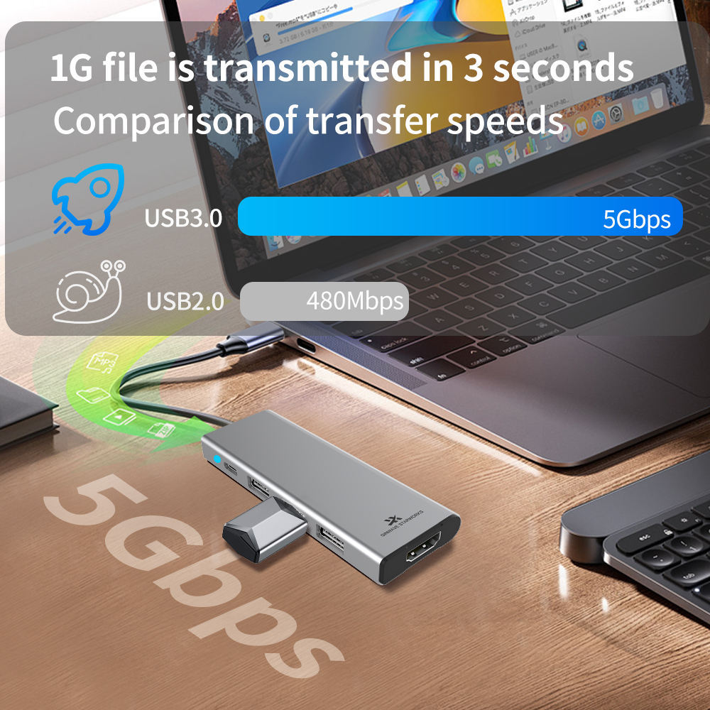 5-in-1 Type-C USB3.0 USB2.0 5Gbps PD3.0 PD100W HD 4K30Hz Laptop USB-C Docking Station