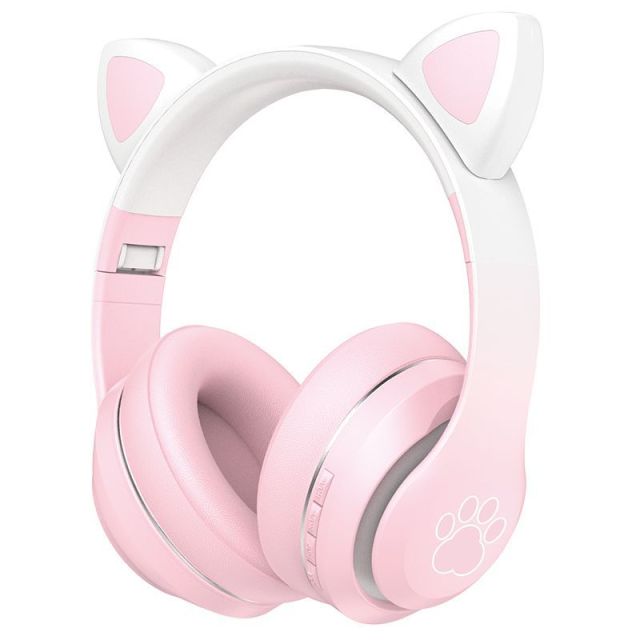 USHS VZV-36M Cute Cat Ear Bluetooth Headphones with LED Lights, Foldable Wireless Headset with Card Slot for Girls
