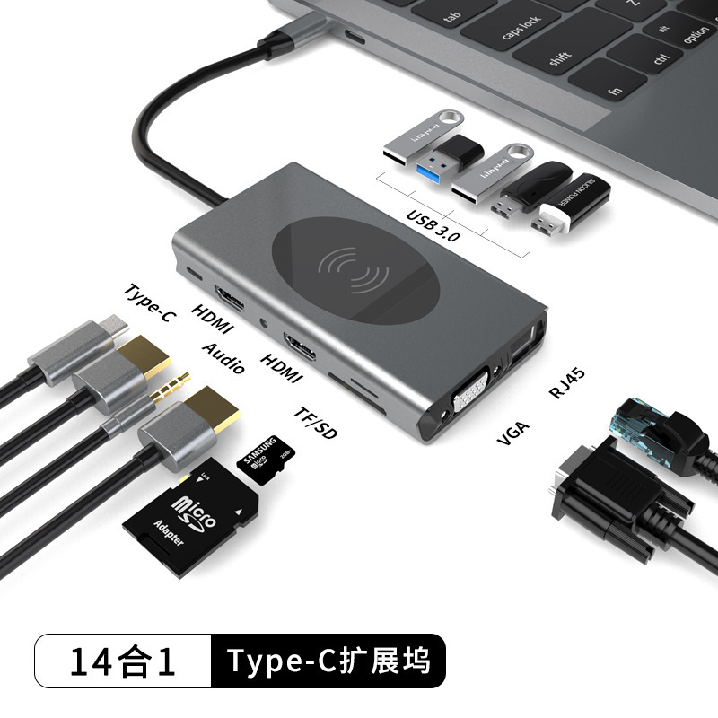USHB BX14W 14-in-1 USB C Hub - 60W PD, USB 3.0, Type-C Docking Station for MacBook Pro and Laptops - Model BX14W