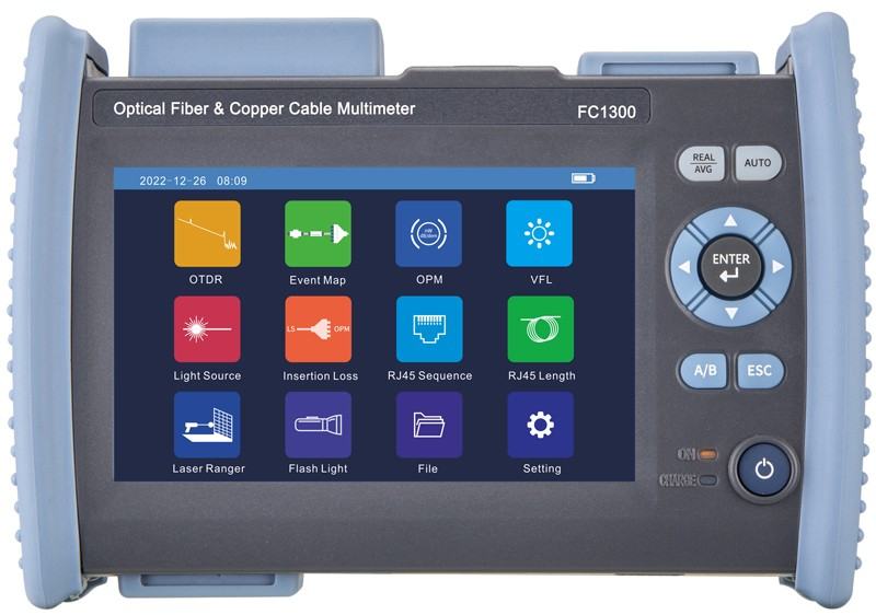 FC1300 Fiber & Copper Multimeter with Auto OTDR Expert OTDR Event Map Optical Power Meter Optical Light Source Insertion Loss Visual Fault Locator RJ45 Cable Tracking RJ45 Cable Sequence RJ45 Cable Length Space Distance LED Light