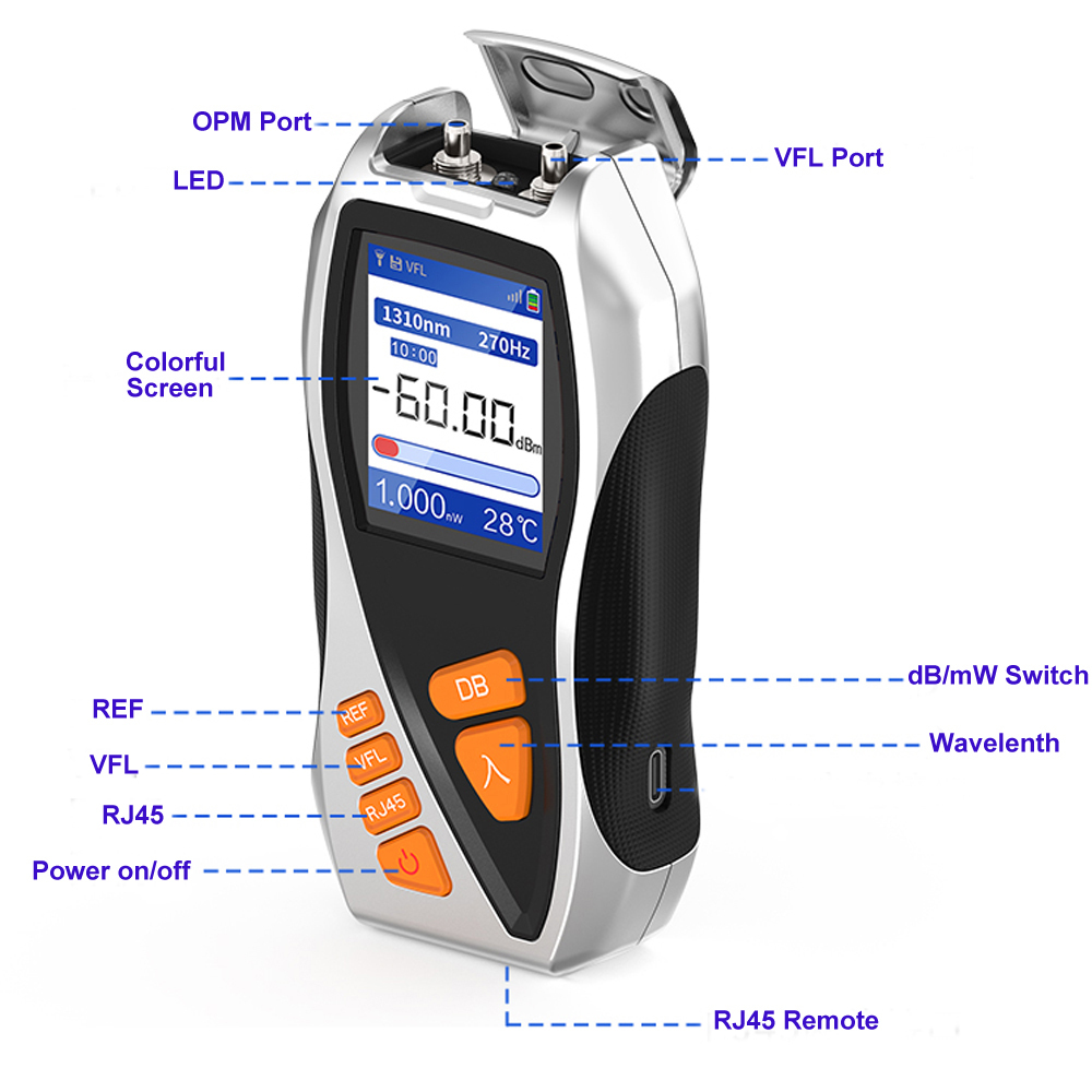 Optical Power Meter OPM Visual Fault Locator VFL Fiber Tester RJ45 Cable Sequeence Multimeter with LED Light Color Screen
