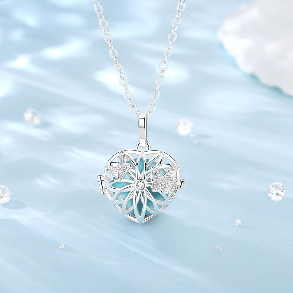 White Gemstones Butterfly Flower Chime Cage Pendant