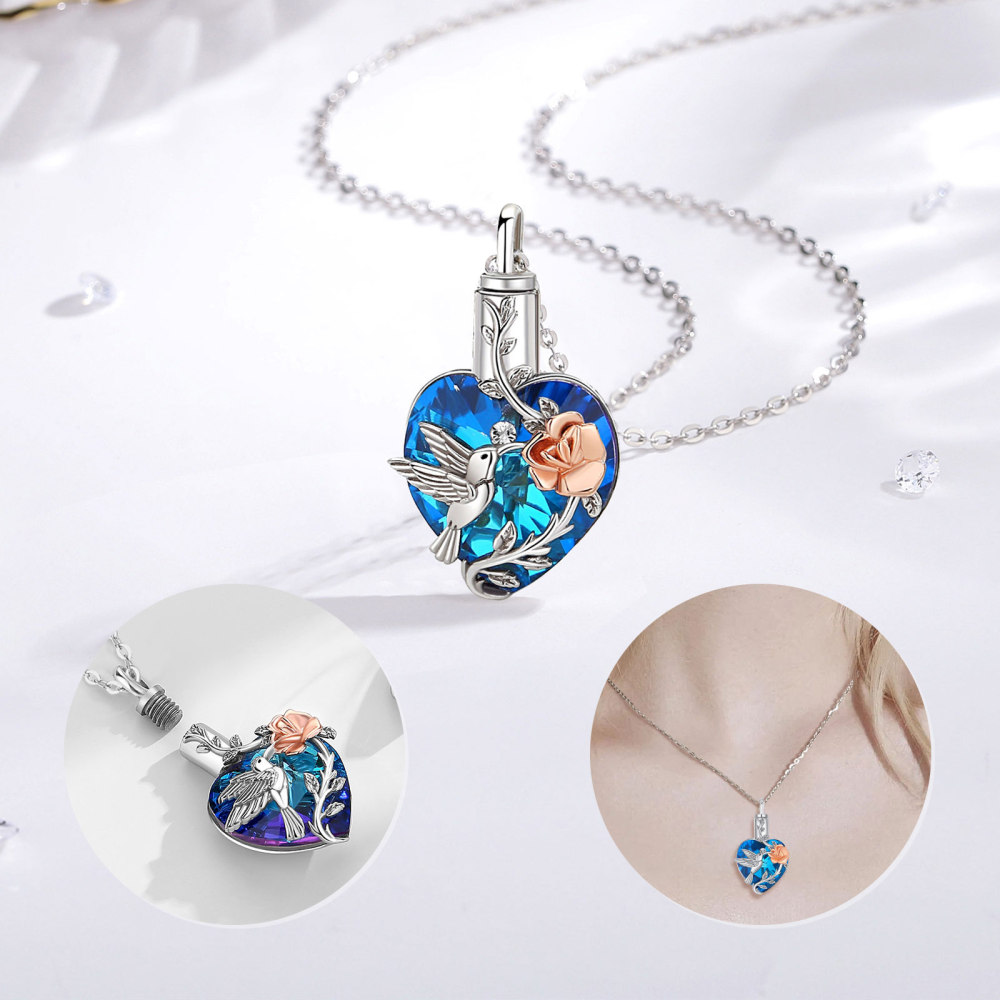 Heart-Shaped Urn Pendant Necklace with Moonstone or Swarovski Crystal